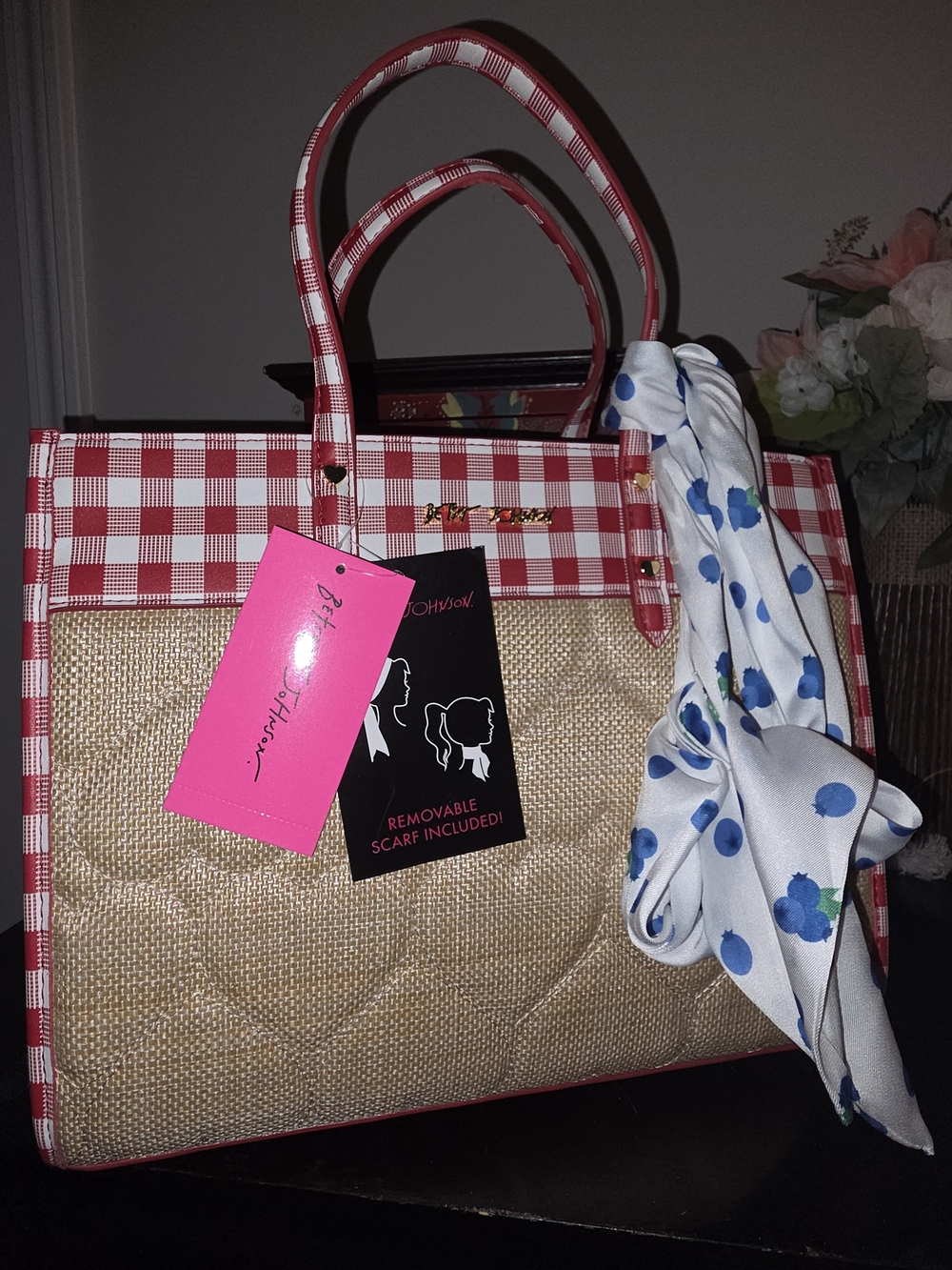 Betsey Johnson Red Gingham Trim Tote with Removable Scarf